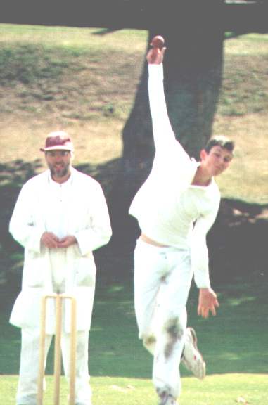 Clem bowling at the Village End, Aberfeldy